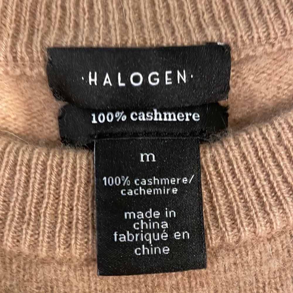 Halogen 100% Cashmere camel tan Crewneck ribbed detail Sweater b15